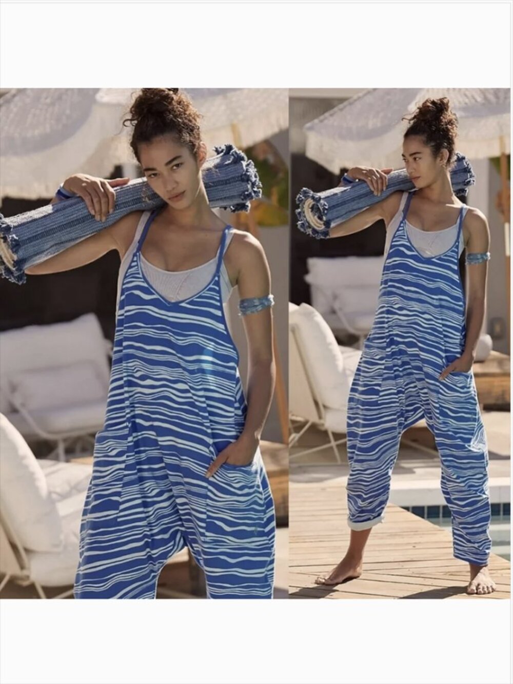 Free People Movement Hot Shot Jumpsuit S River Blue Summer Beach Boho Oversized